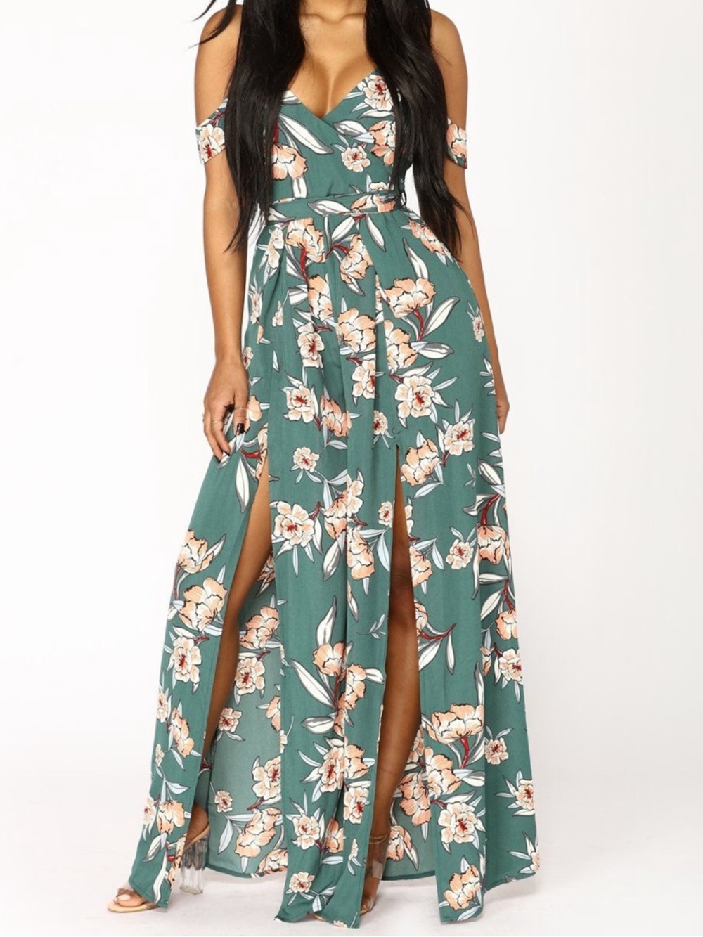 Green Floral Off-Shoulder Jumpsuit in Teal